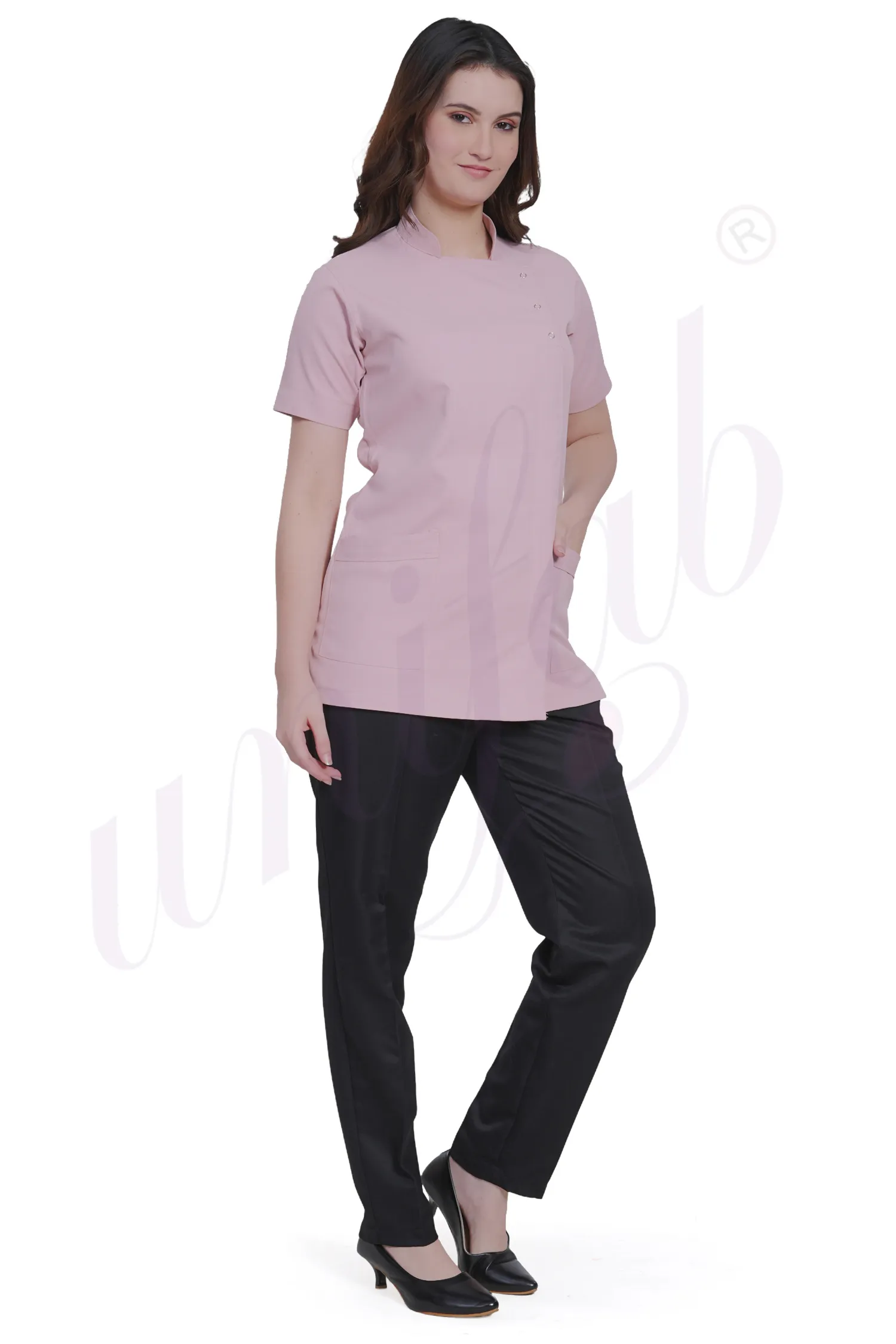 Spa Tunic Uniform Set Pink with Snap Closure
